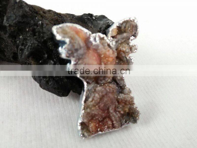 Natural angel shape agate druzy quartz pendant plated edge for jewelry decoration