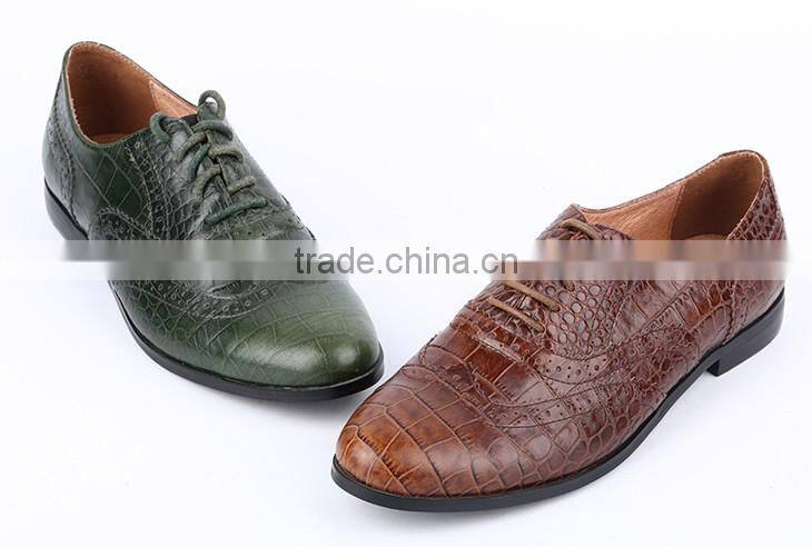 (E1133-3) Classic design crocodile leather comfortable flat casual lace up oxford lady leather shoes with punching holes