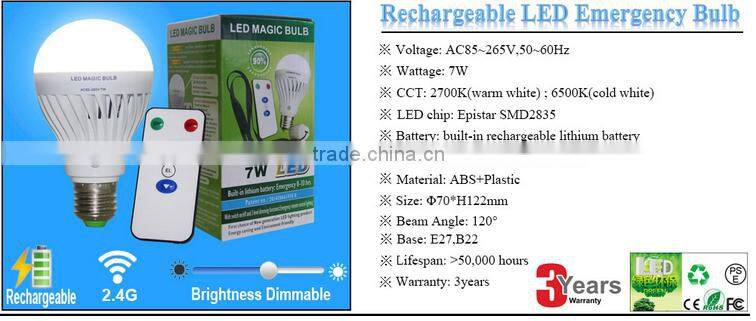 Infrared remotely controlled 10m E27 B22 7W rechargeable emergecy Magic bulb light