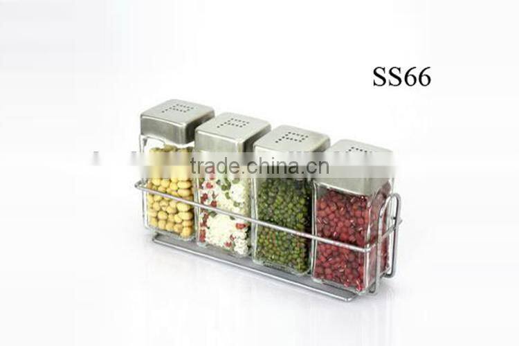 4pcs/set glass spice jars with stainless steel lid metal stand