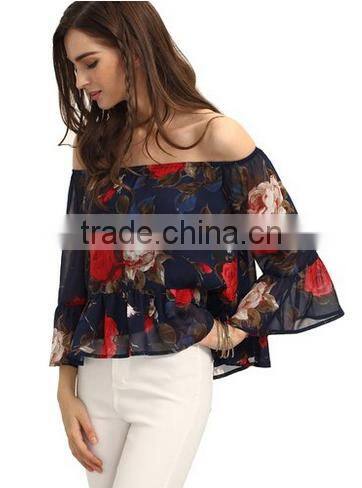 Women's Casual Floral Off Shoulder Chiffon Blouse Top