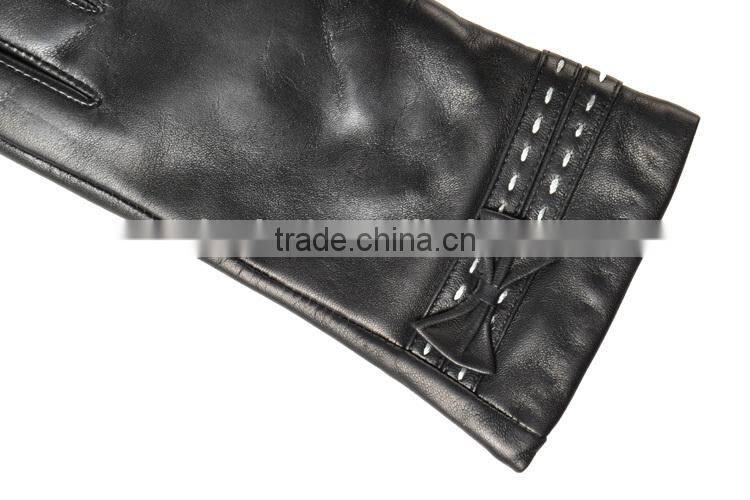 Hot selling white thread little bowknot sheepskin leather gloves for female