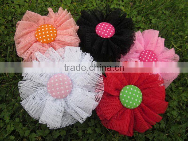 8cm Mesh Hair Flowers with Polka Dot Button in Center Hair Accessoreis