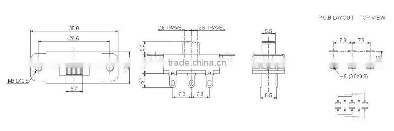 6 pin ac power slide switch SS-22k29(2P2T)