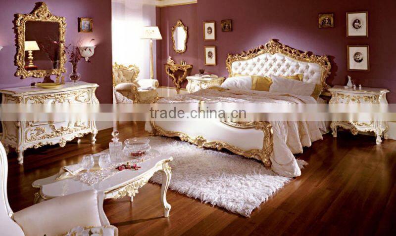 Luxurious Elegant Rococo Designed Carving White and Golden Tufted Crown Bed with Nightstand and Dressing Table BF12-05254f
