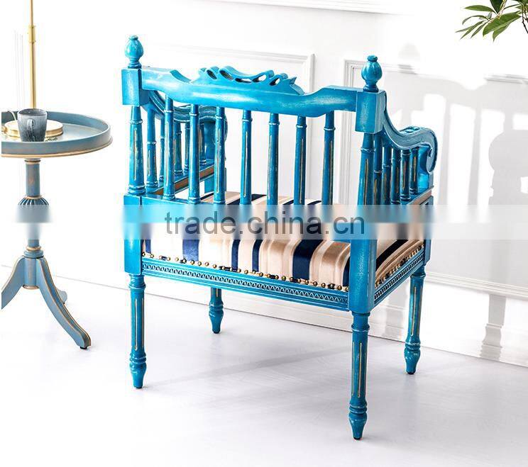 Antique Handmade Solid Wood Square Back Carving Armchair Painted in Vintage Blue and with Striped Fabric BF12-03294b