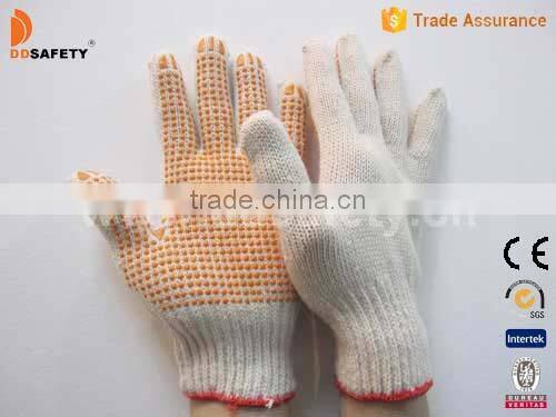 DDSAFETY 2017 Natural Seamless Cotton Knitted Working Gloves with Orange PVC Dots