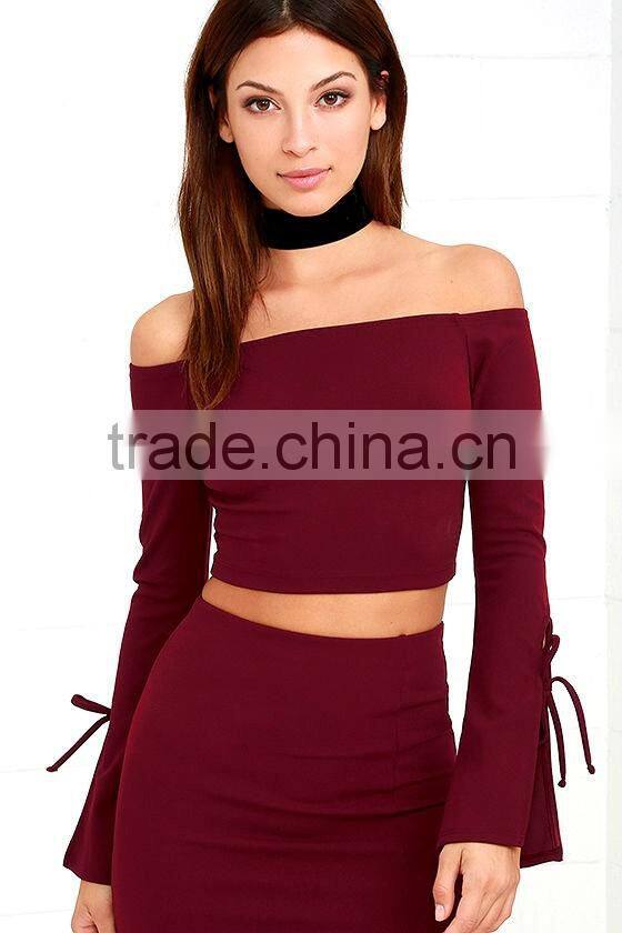 2017 Two piece set women clothing off the shoulder long sleeves top and slim skirt