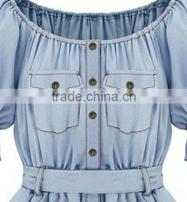 Girls fairy blue jeans style peplum ruffle sleeve blouses China manuafacturer