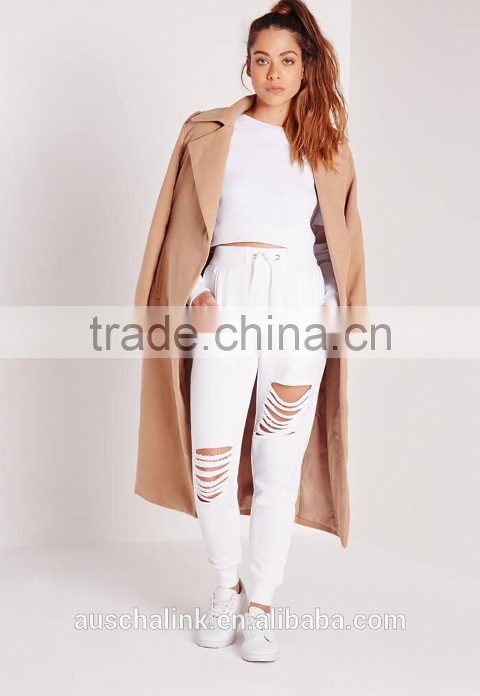 OEM service fashion cheap white ripped front jogger pants