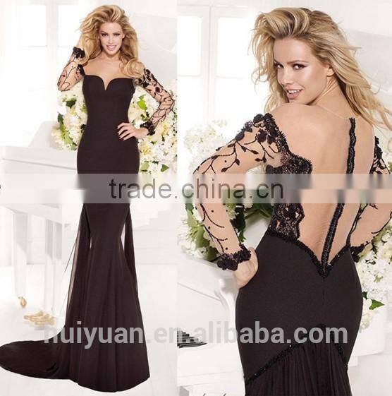 elegant full length A-line backless long sleeve black evening dresses