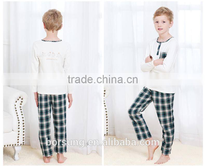 Small MOQ Cotton Boys Cute Pajama Set Knitted Long Sleeve Gingham Pant Children Sleepwear Printed Wicking Kids Weat Set