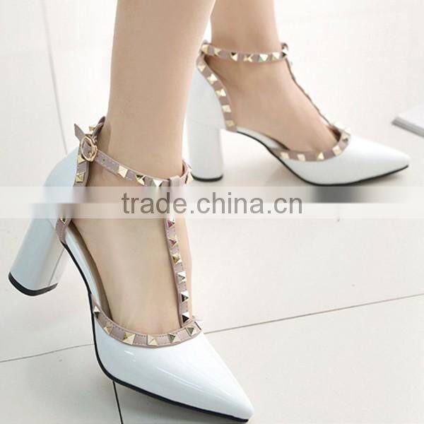 F20012H Pointed high heel women shoes rivets sexy shiny PU women shoes