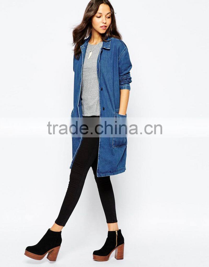 Hot sale unlined denim coat fashion point collar non stretch women coat 2015