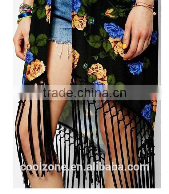 Latest floral print cover up summer beach kimono with gorgeous fringe