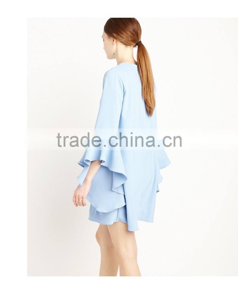 Womens fashion blue sweet OL lotus sleeve loose A-line chiffon elegant dress