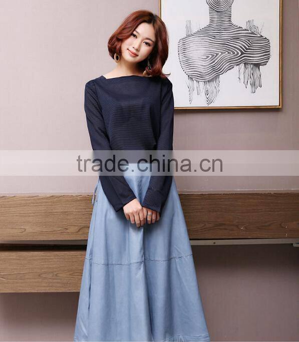 2017Spring New Arrivals ladies neavy blue striped long t shirts for whoelsales