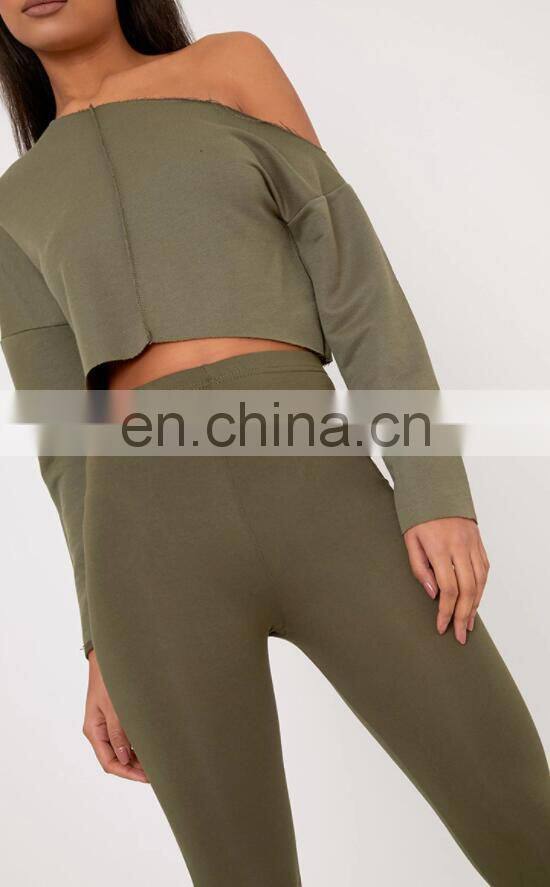 Custom High Quality Women 100% Polyester Khaki Off Shoulder Cropped Sweatshirts