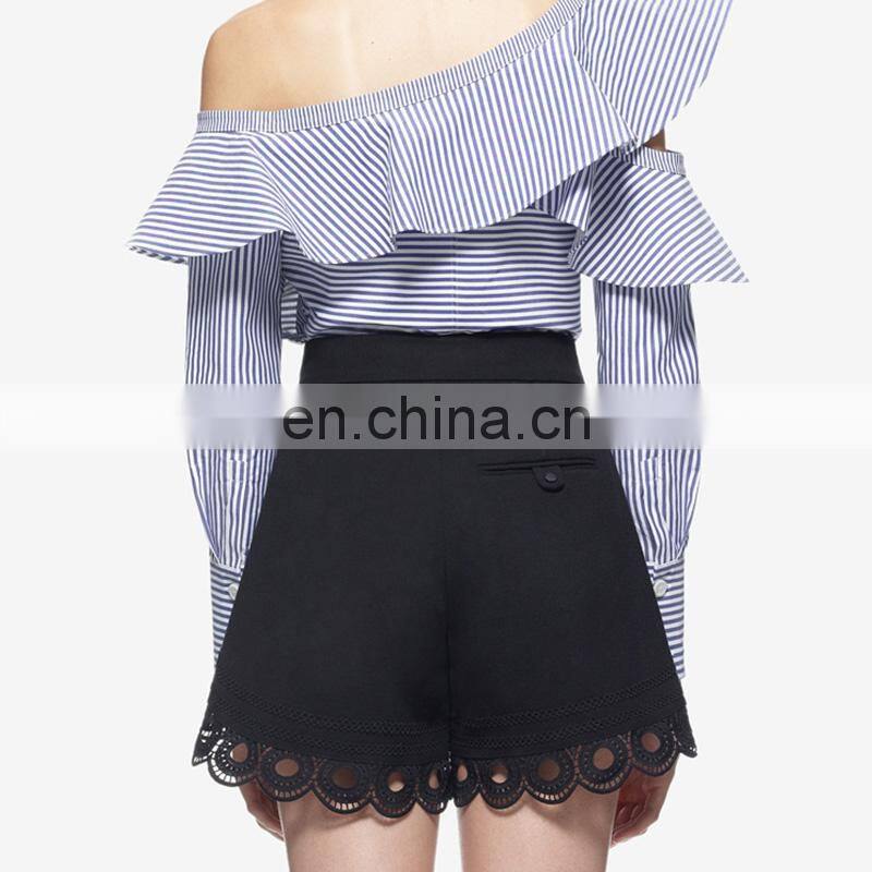 2017 summer new style navy stripe jumpsuit long sleeve one shoulder lotus neck cotton top and mini lace pant sets
