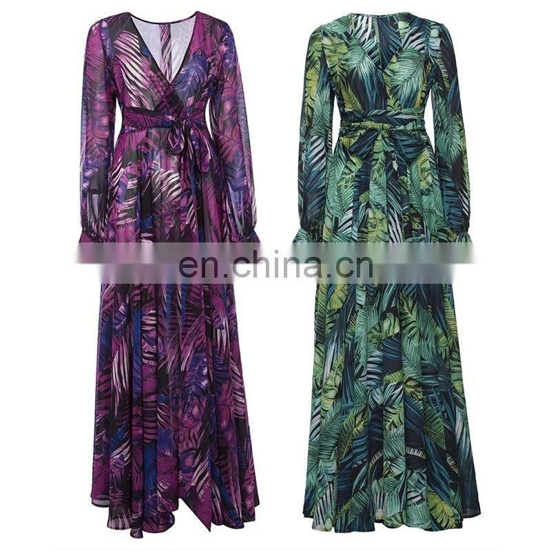 Ladies sexy holiday dress irregular floral print bohemian dress deep V big swing beach dress plus size