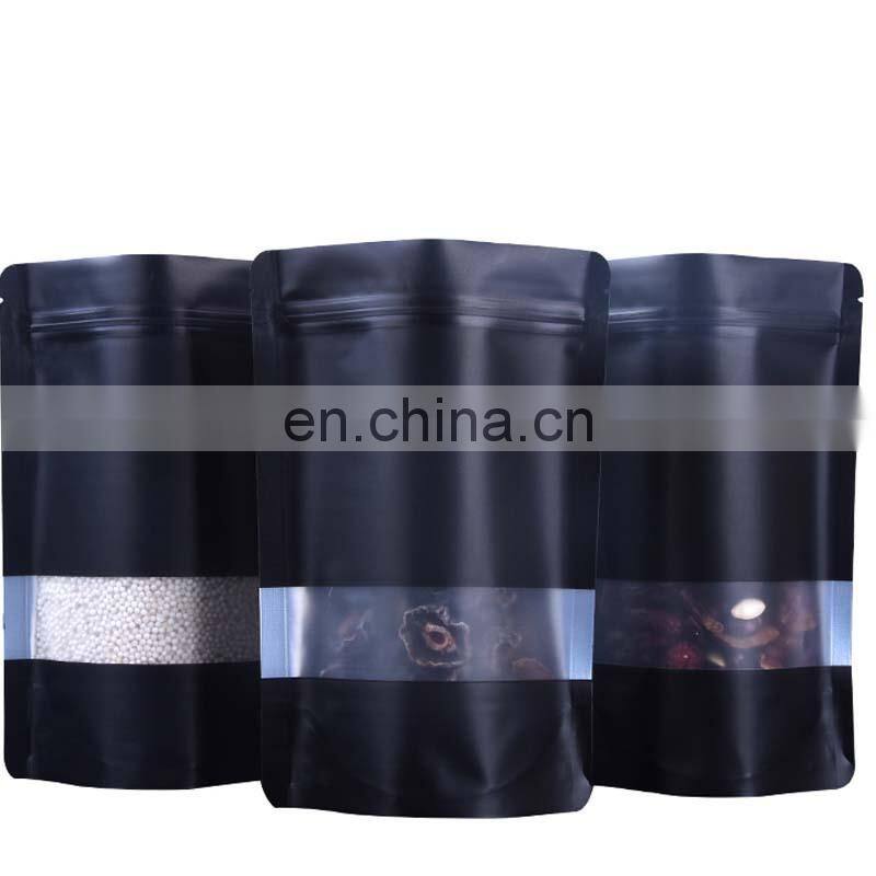 Wholesale Food Grade Black Matte Stand Up Pouch With Clear Window With Customized Sticker