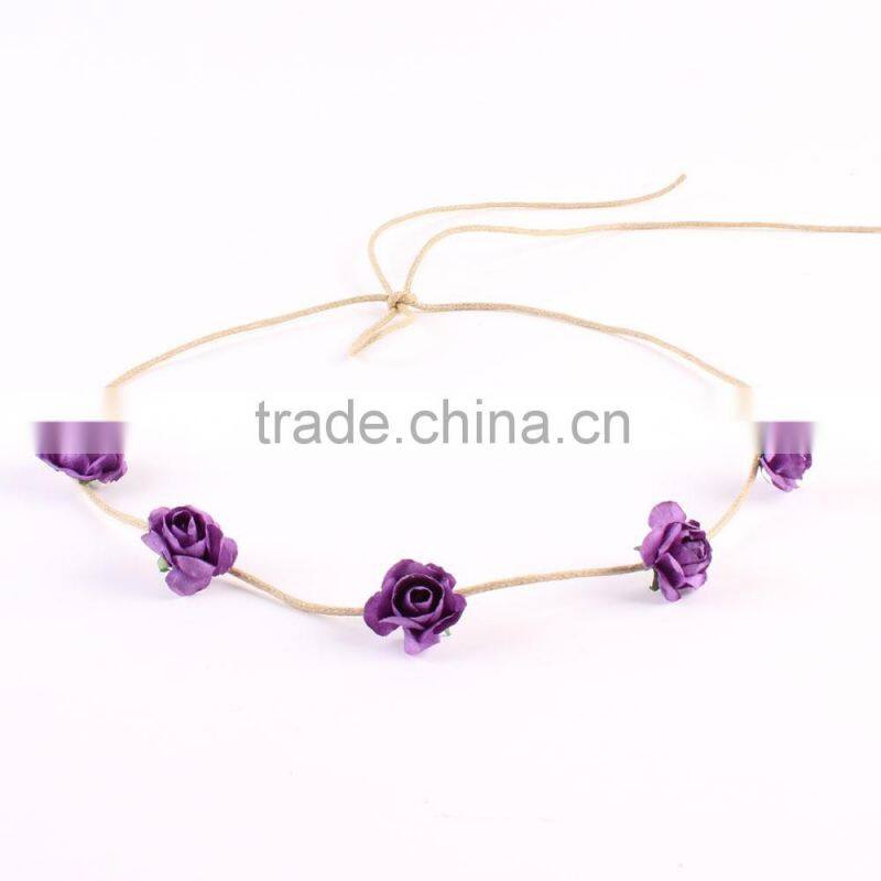 Hot-sales baby rose flower Headband girl Leather rope flower hairband Toddler baby rose flower crown Headband wh-1825