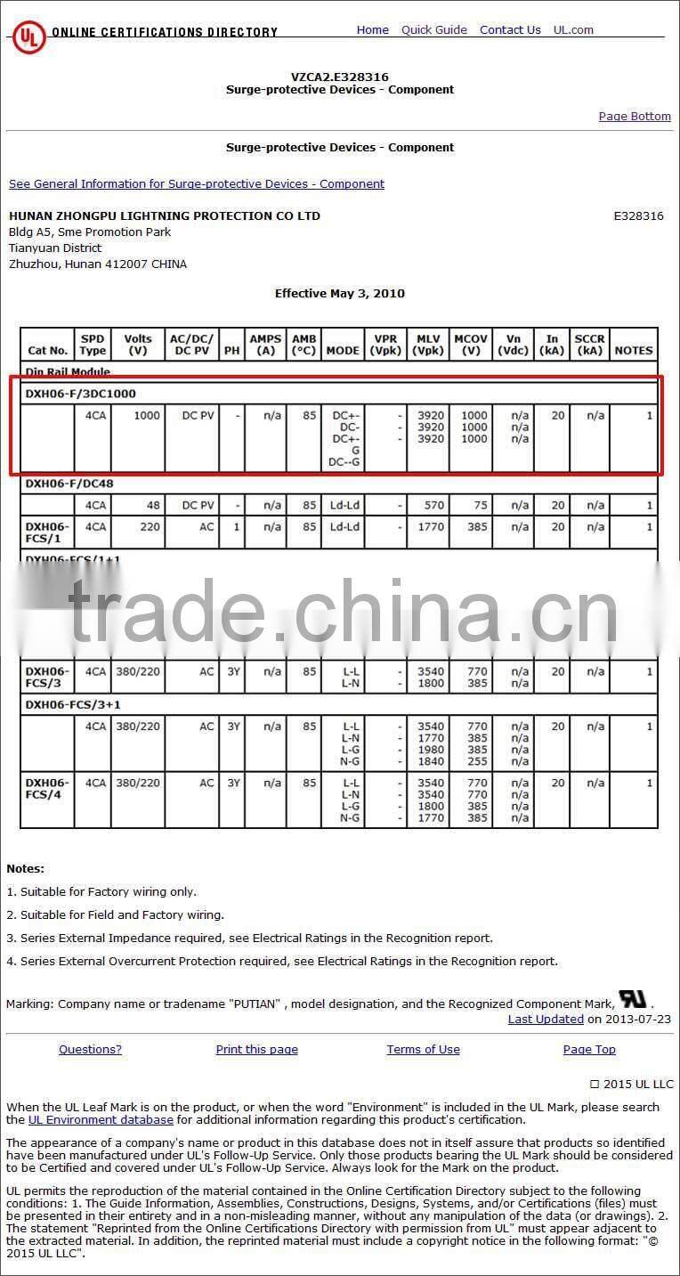 Uc 1300V UL Certification PV Solar Energy Power Supply SPD
