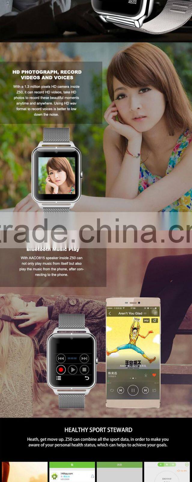 2016 New fashion Z50 Bluetooth Smart Watch with Heart Rate SIM card TF Mp3 Mp4 pedometer sleep Monitoring or IOS Android phones