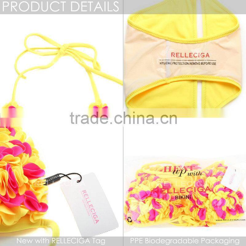 RELLECIGA 2016 Marianne Collection - Yellow &Pink3DBlooming Flower Triangle Top Bikini Set with Moderate Push-up Molded Cups