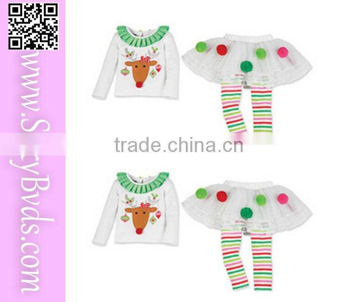 Two pieces design little fawn printed christmas chevron girls dresses