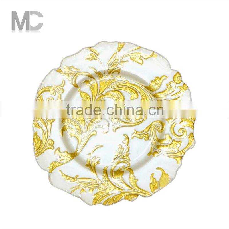 Wholesale Cheap Wedding Gold Silver Embossed 13 inch Glass Charger Plates