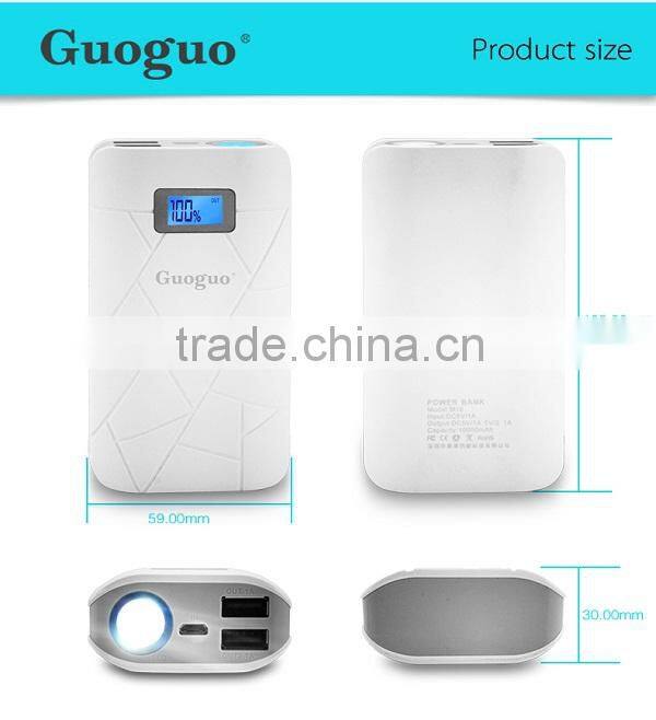 Guoguo long lasting 10000mah LED torch dual USB portable travel power bank for iphone7