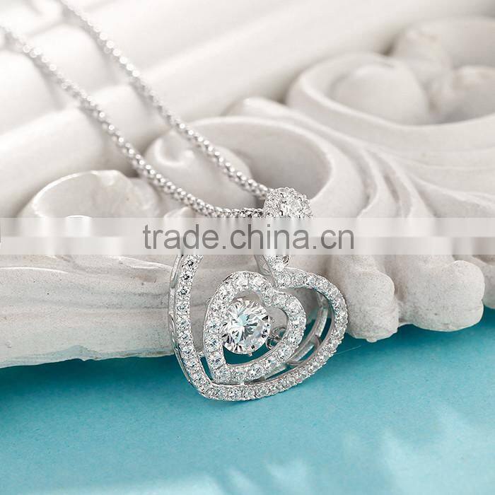 Silver Dancing Stone Heart Shape Pendant Necklace Jewelry