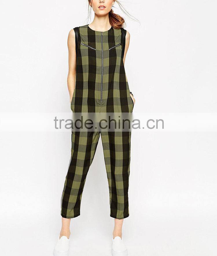 2016 New Arrival check patterns zipper one piece rompers jumpsuits with long pants for women