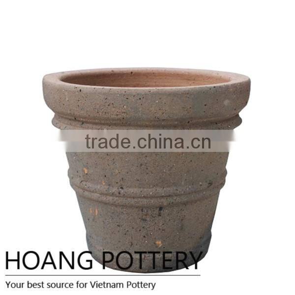 Roll Rim Dark Clay Pot - High-Fired / Oldstone Planter From Vietnam