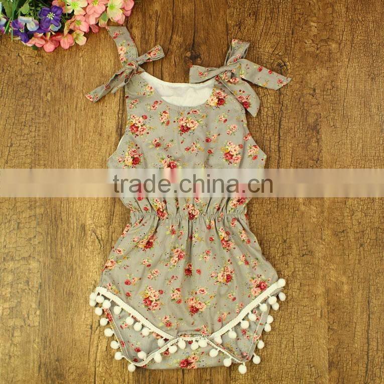 Wholesale baby clothes cheap girl floral knit cotton romper with pom pom cotton baby clothing floral vintage girls bodysuits