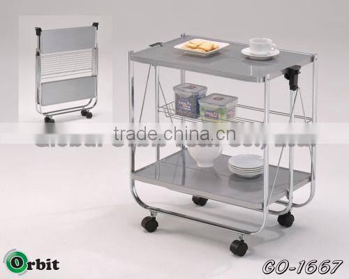 Metal hotel room service cart with wheels, restaurant food service trolley