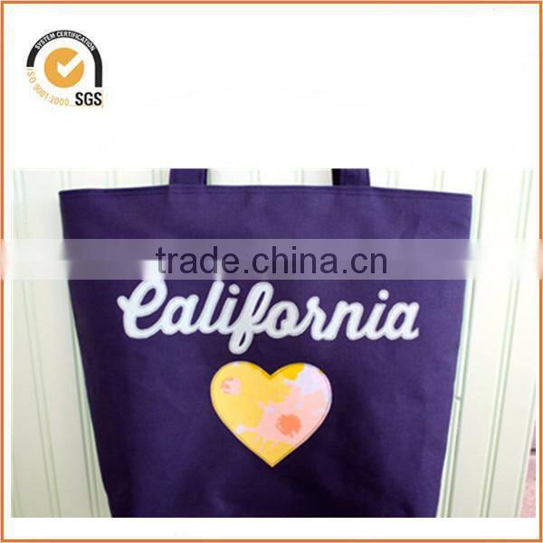 California Heart Appliqued Tote Bag: Navy Blue Canvas, Yellow Floral and Light Blue with Pink Lining and Floral Pocket By Chiqun