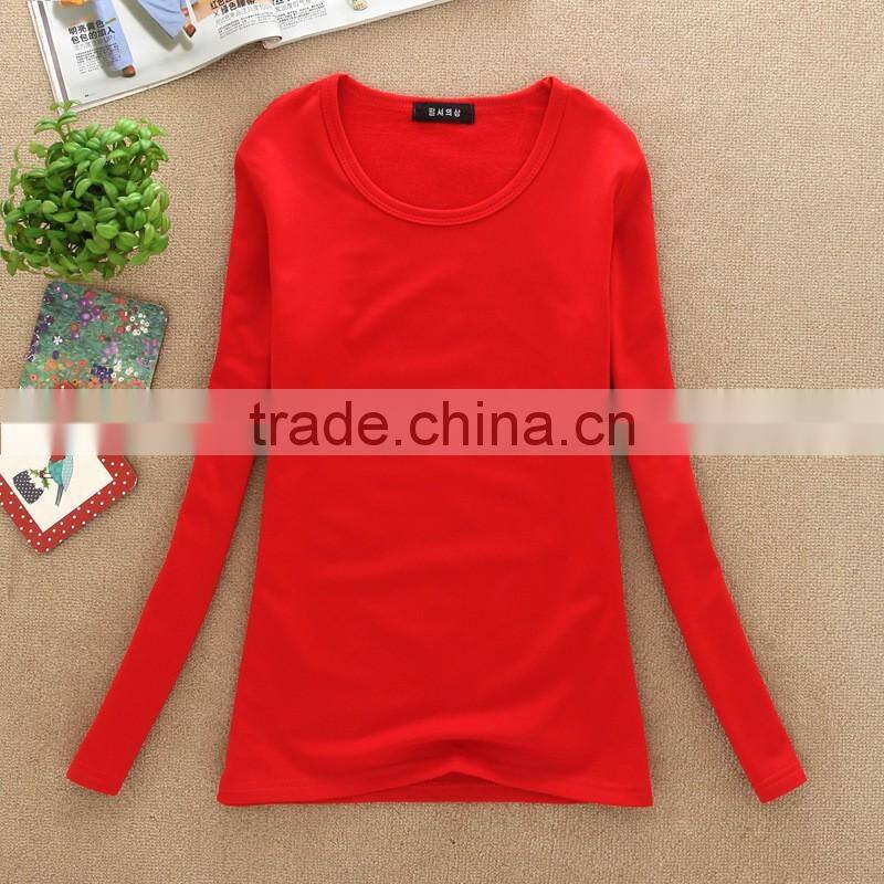 Lady fashion 100%cotton top plain women long sleeve t shirt