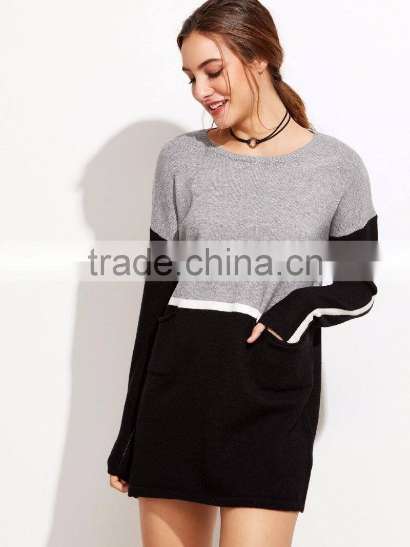 Color Block Drop Shoulder Pockets Sweater Dress Long Sleeve Boat Neck Casual Cotton Blend Sweater