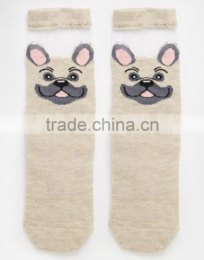 custom wholesale pug sheer panel socks ribbed cuff opening socks
