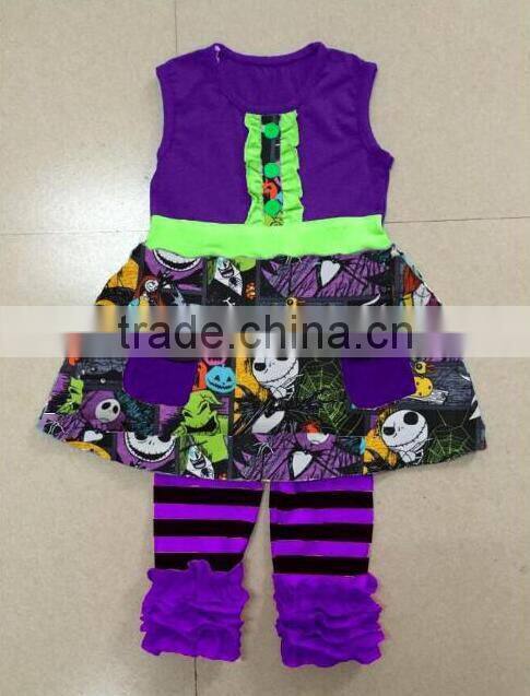 2017 High Quality 100% Cotton Baby Halloween Garment Infant Kids Girls Ghost Print Top&Black Stripe Pant two piece Sets