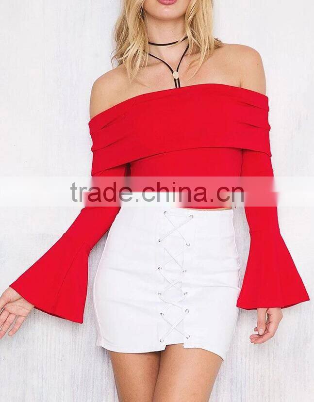 Runwaylover EY2337B 2017 Women Flare Sleeve Fashion Off-Shoulder Knitted Blouse