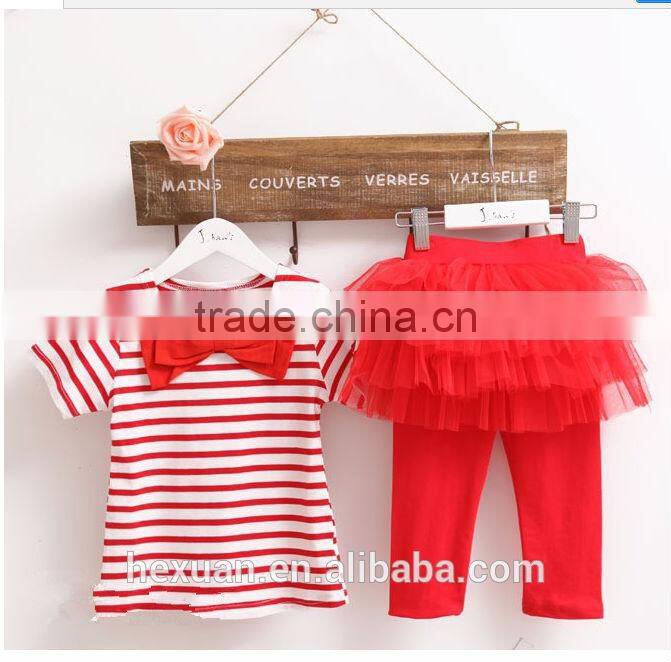 S80003T summer fashion striped bowknot T-shirts+ lace culottes , children clothing sets 2-5 years kids clothing sets