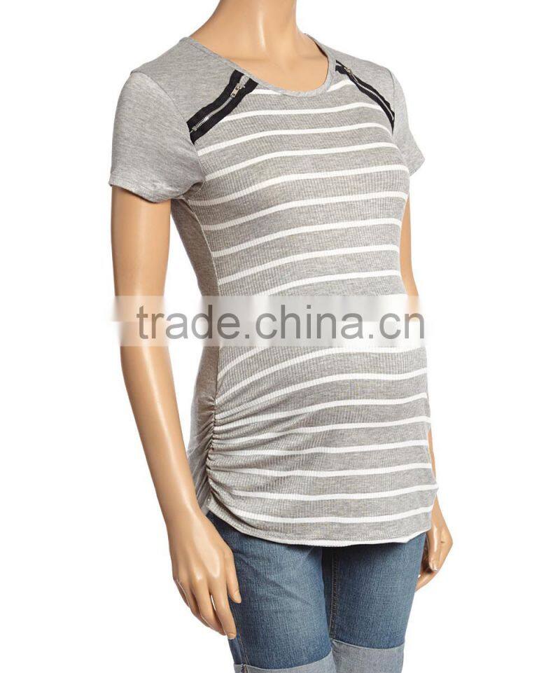 Fashionable Maternity Tops With Due Time Heather Gray And Ivory Zip-Accent Maternity Tees Women Clothes WT80817-29