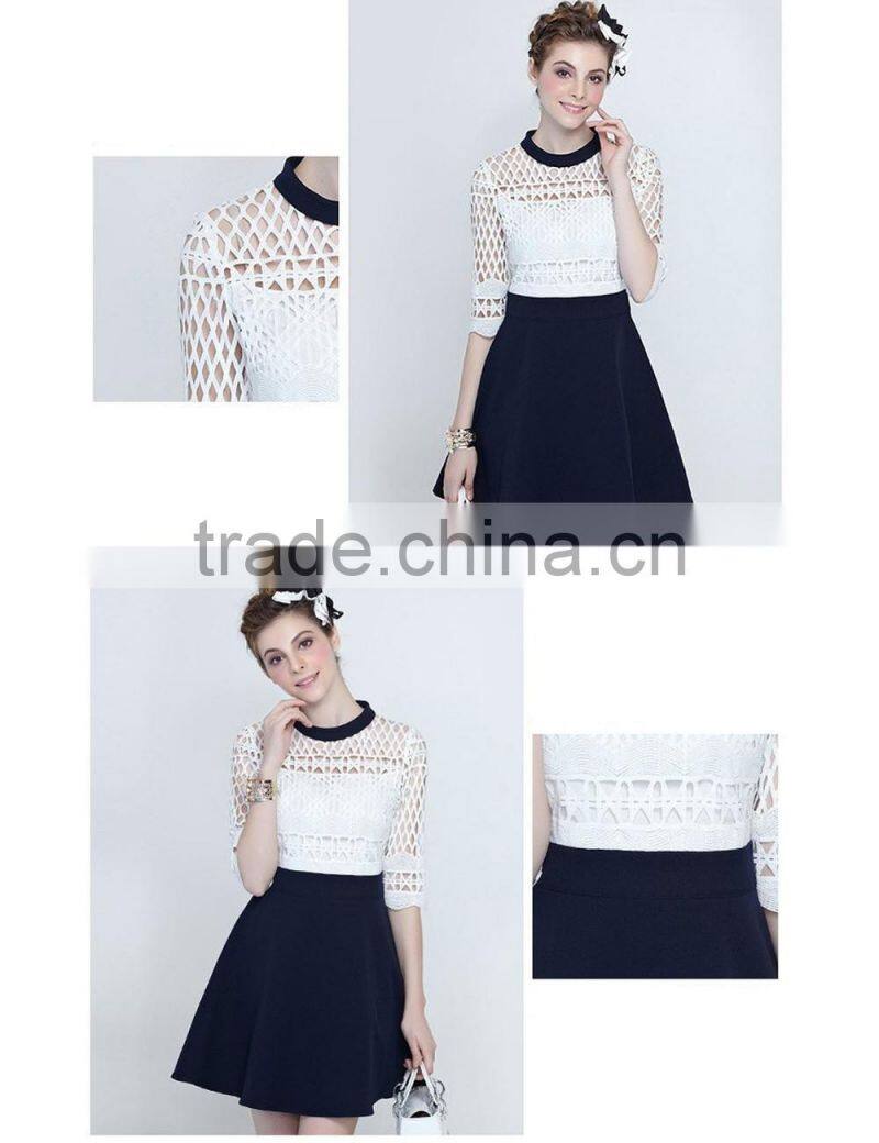 Office ladies white checked navy A line dress