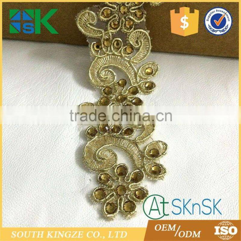 Wholesale 4cm Gold Rhinestones Floral metallic lurex Embroidery Organza Lace