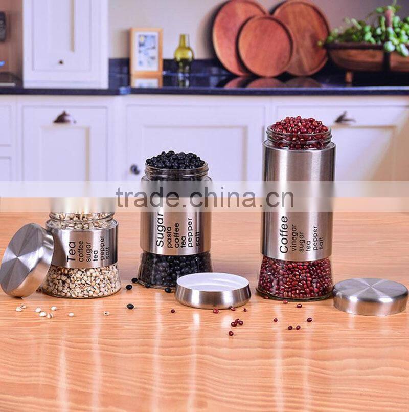 High quality stainless steel spice sugar salt pepper coffee storage bottle glass food storage jar