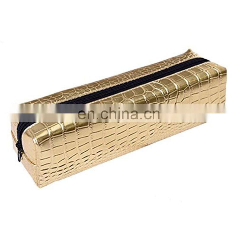 Square Pattern Pen Organiser Travel Golden PU Leather Pencil Case
