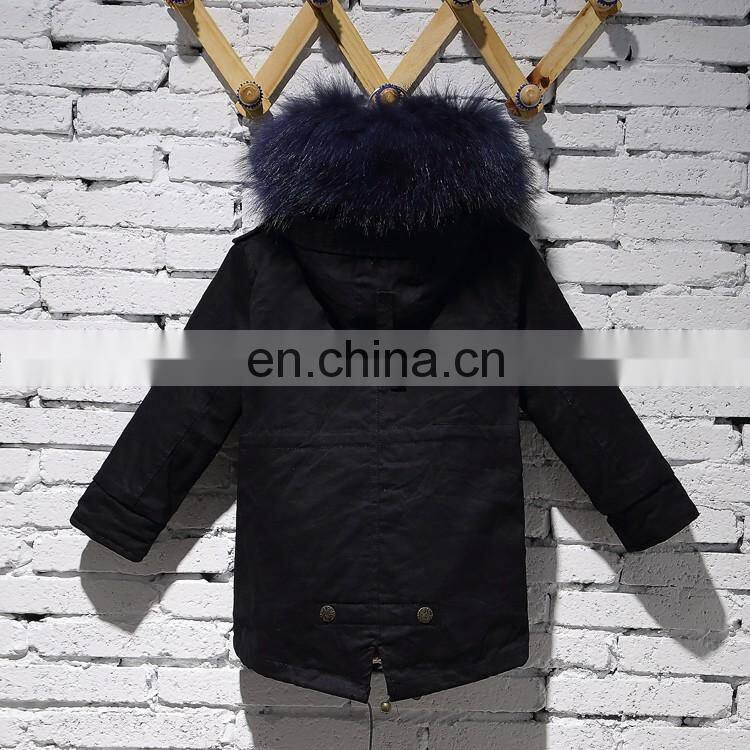 2016 Hot Sale Children Clothing Latest Korean Style Kids Coat with Raccoon Fur Hood and Rabbit Fur Lining